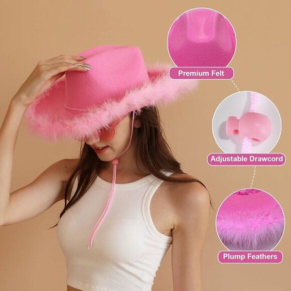 Pink Feathers Cowboy Hat and Heart Sunglasses Set for Women Bachelorette Party main image 4